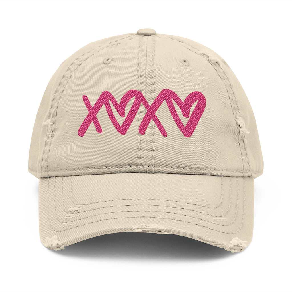 Distressed Embroidered Hat — Pink XOXO Heart Baseball Cap