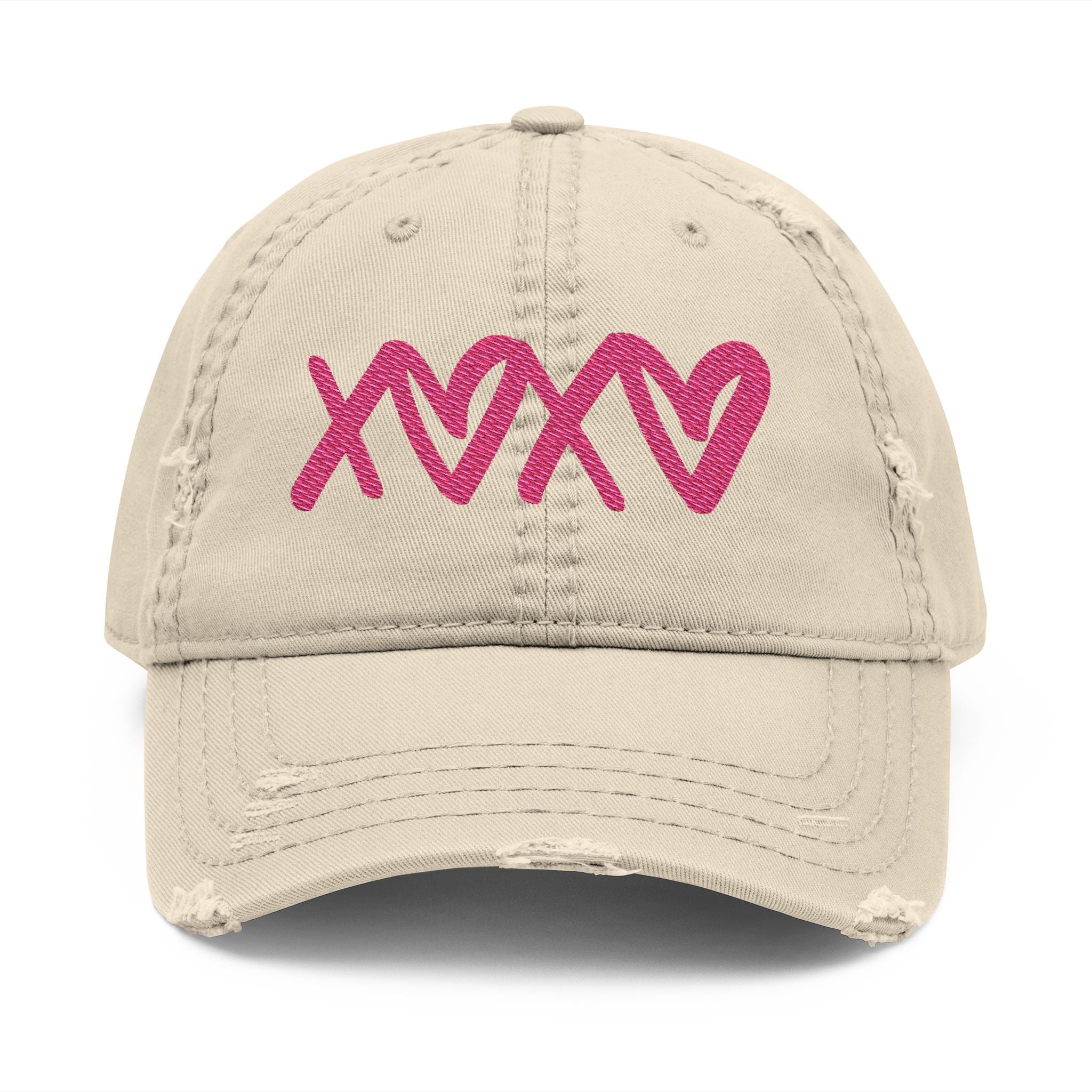 Distressed Embroidered Hat — Pink XOXO Heart Baseball Cap