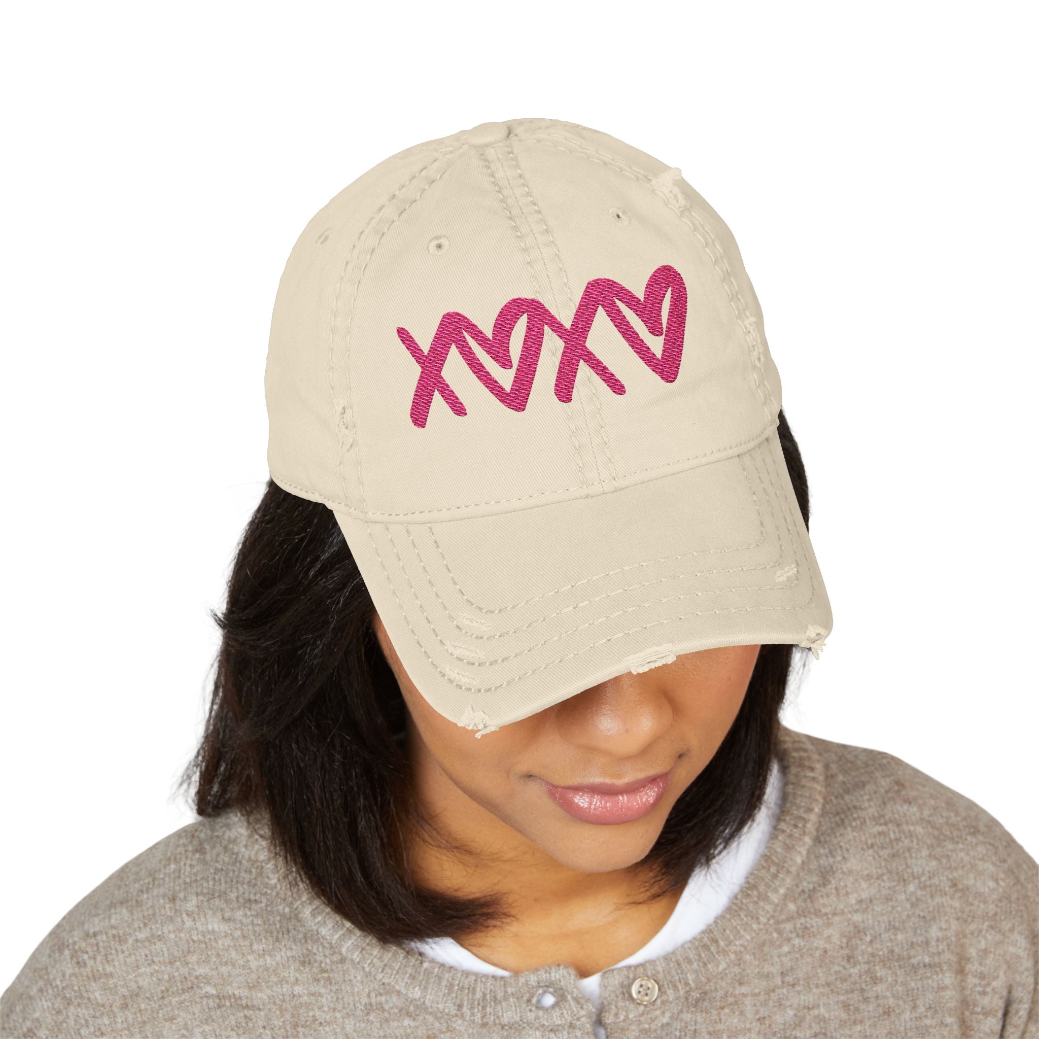 Distressed Embroidered Hat — Pink XOXO Heart Baseball Cap