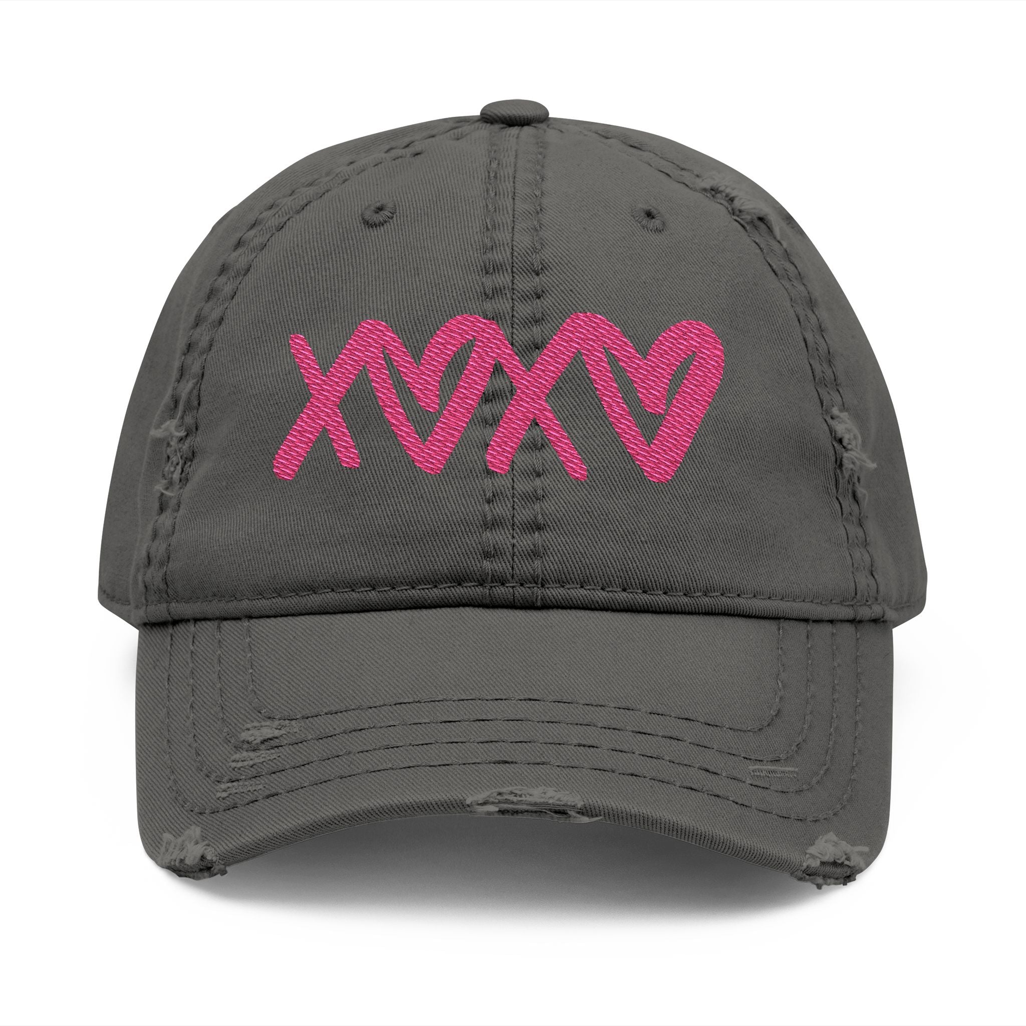 Distressed Embroidered Hat — Pink XOXO Heart Baseball Cap