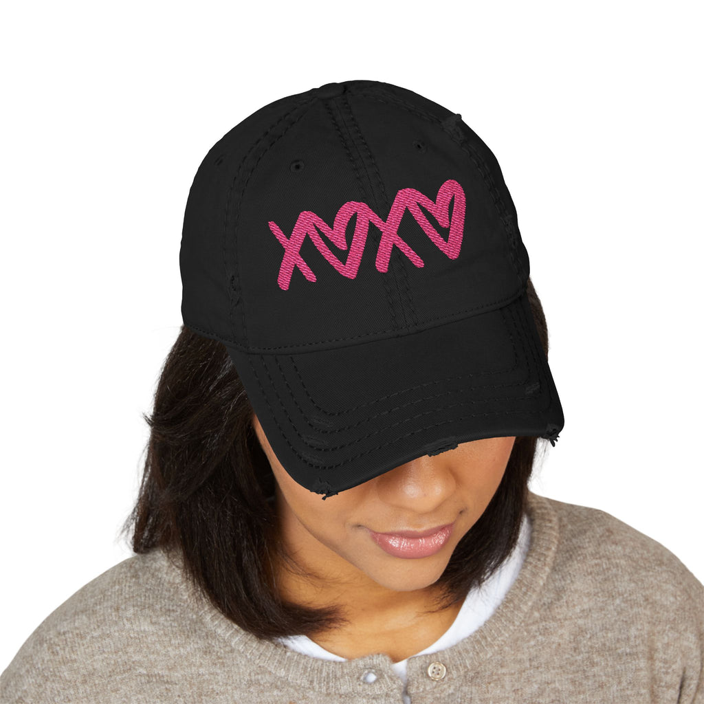 Distressed Embroidered Hat — Pink XOXO Heart Baseball Cap