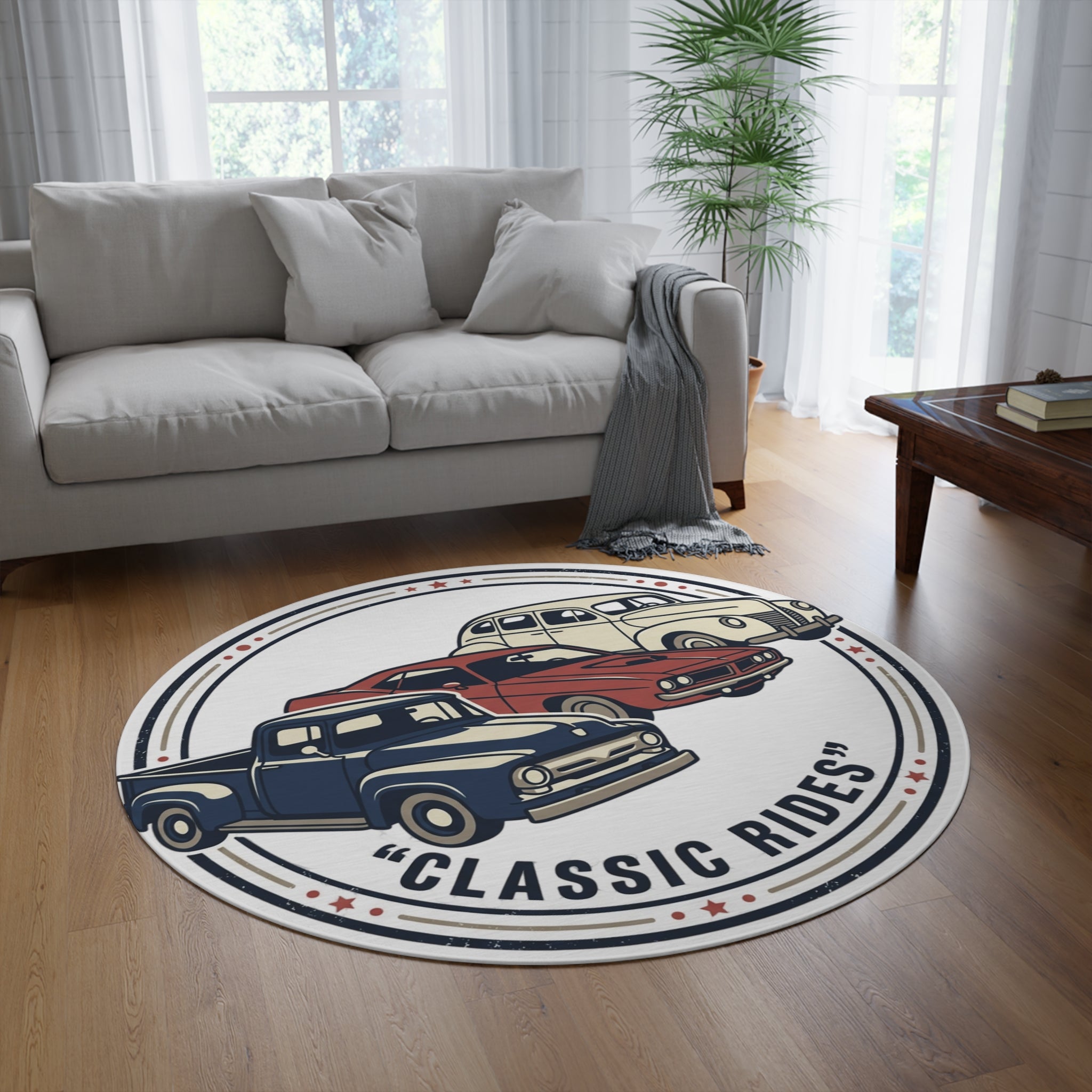 Vintage Old-School Vehicles Round Rug — Retro Car & Truck Floor Mat