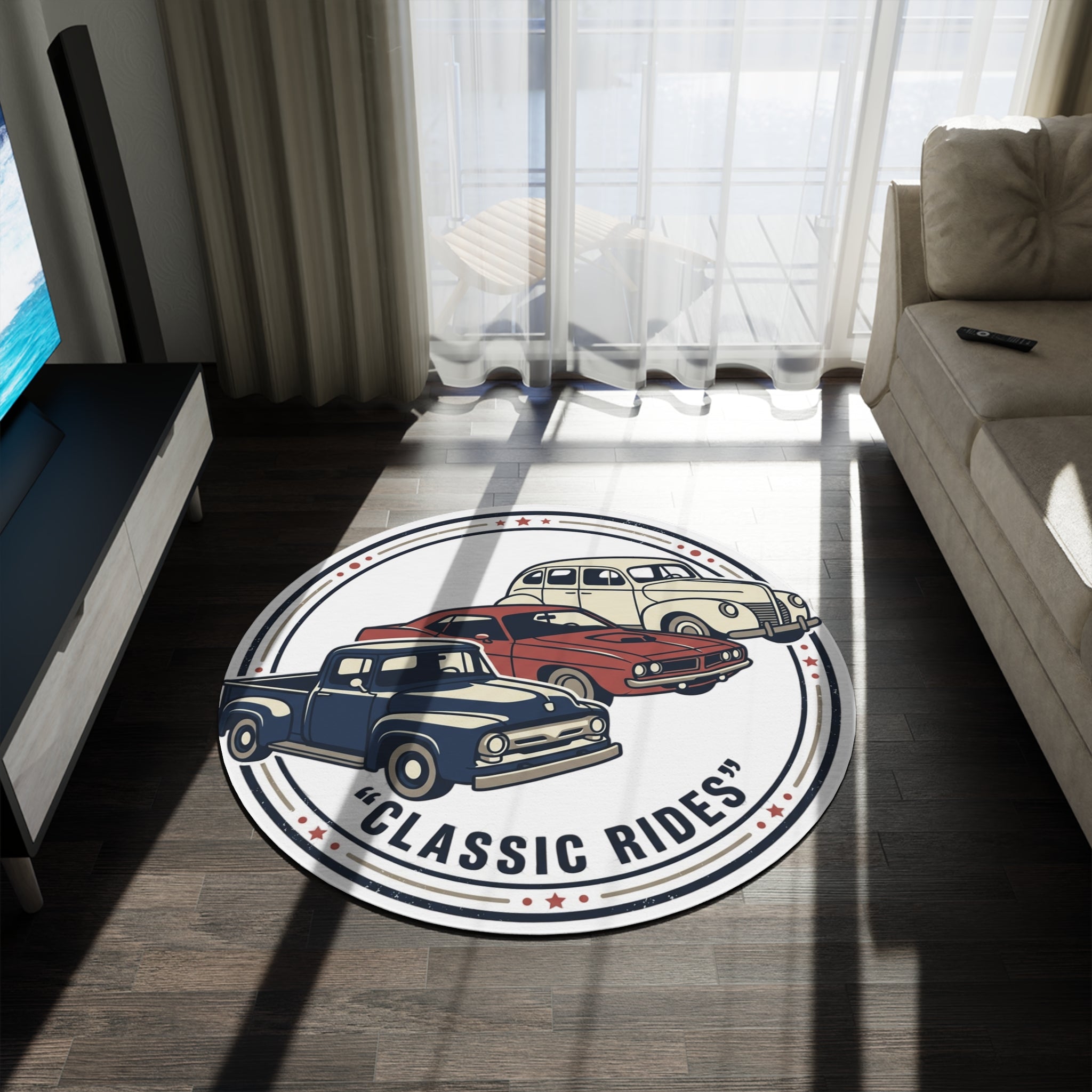 Vintage Old-School Vehicles Round Rug — Retro Car & Truck Floor Mat