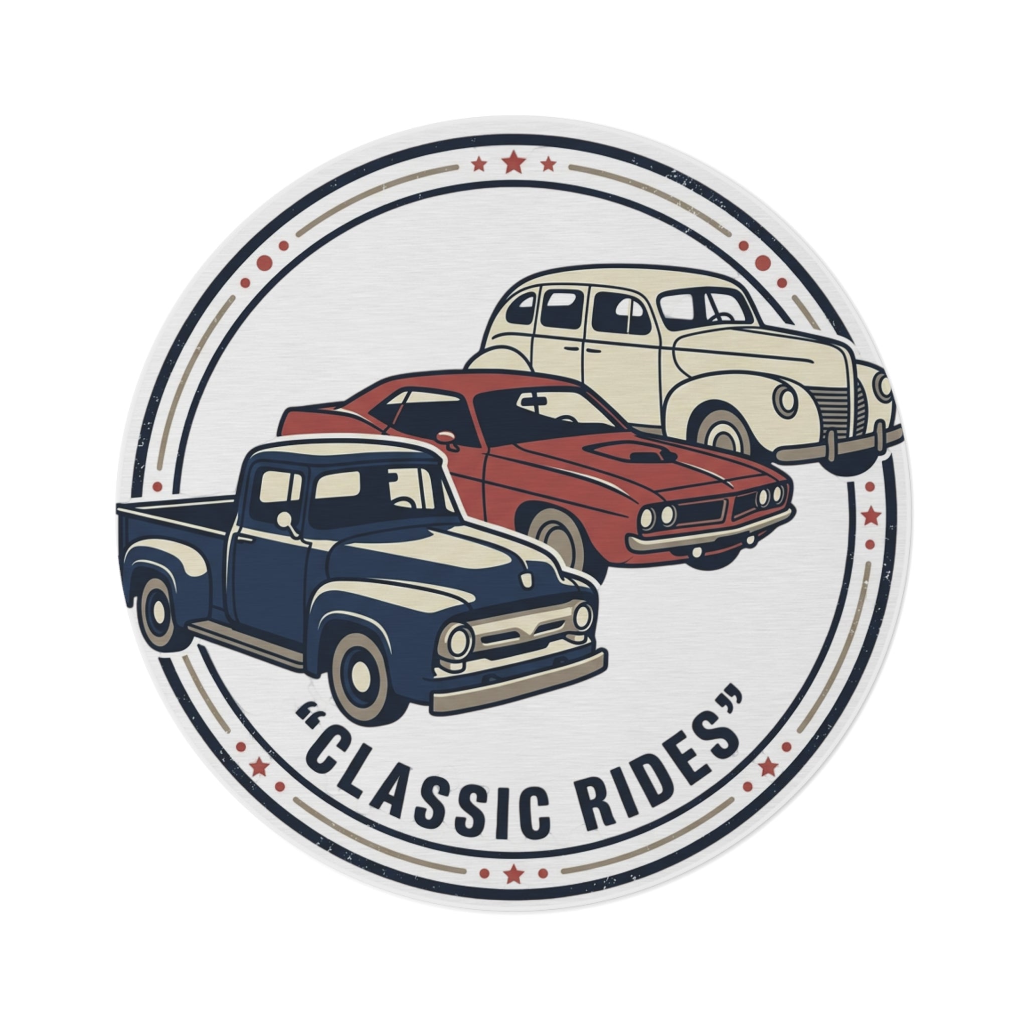Vintage Old-School Vehicles Round Rug — Retro Car & Truck Floor Mat