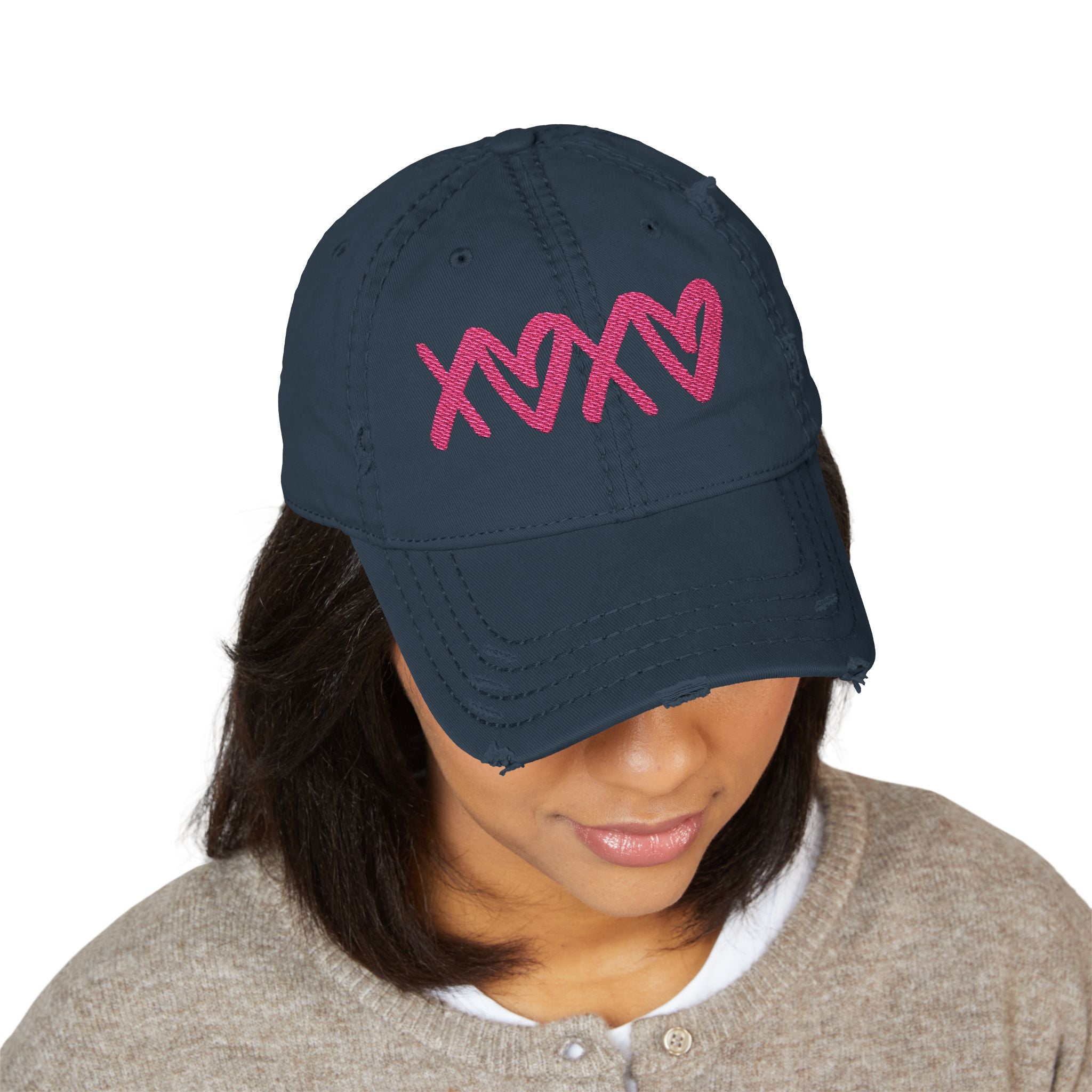 Distressed Embroidered Hat — Pink XOXO Heart Baseball Cap