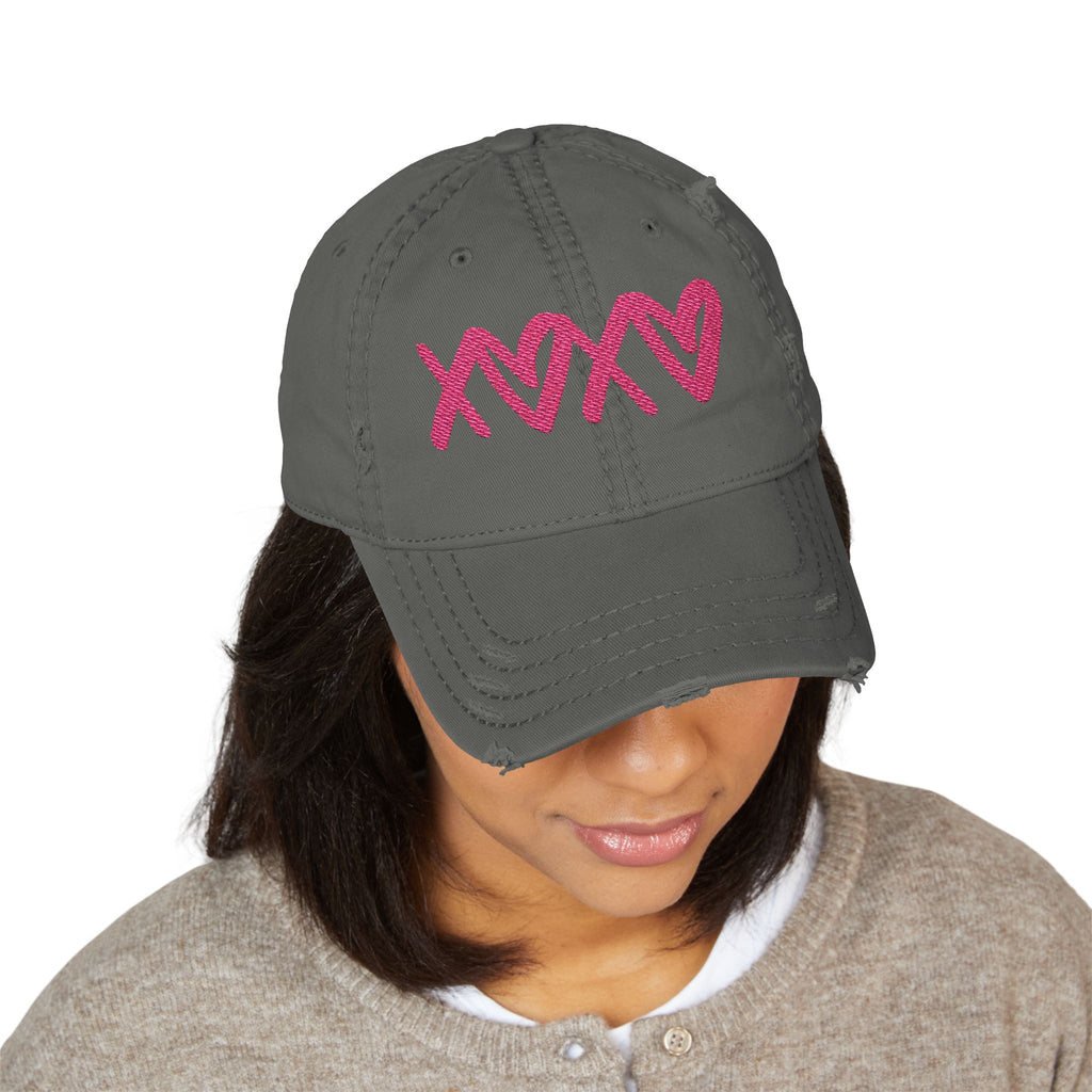 Distressed Embroidered Hat — Pink XOXO Heart Baseball Cap